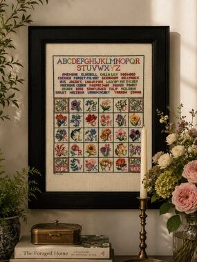 Large Framed Botanical Floral Alphabet Cross-Stitch Art in Black Frame